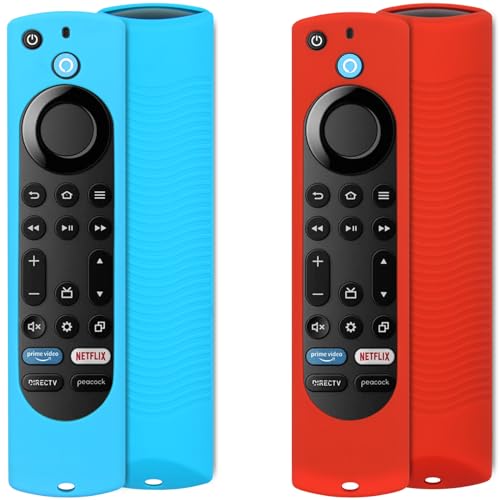 Pinowu Silikon-Schutzhülle für Fernbedienungen, kompatibel mit Firestick 4K Max, Insignia, Pioneer, Fire TV 4-Serie, Omni (QLED) Serie, Alexa Voice Remote Enhanced mit Umhängeband, Rot und Türkis von Pinowu
