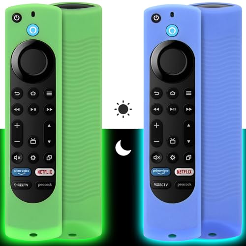 Pinowu Silikon-Schutzhülle für Fernbedienungen (Nightglow), kompatibel mit Firestick 4K Max, Insignia, Pioneer, Fire TV 4-Serie, Omni Alexa Voice Remote Enhanced mit Umhängeband, Grün und Himmelblau von Pinowu