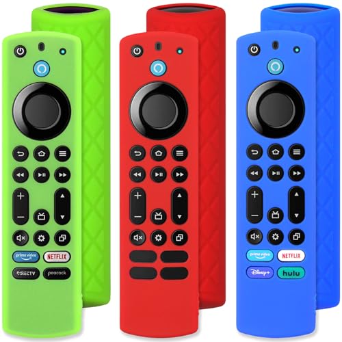 Pinowu Silikon-Schutzhülle für Fernbedienung (3 Stück) für Fire TV Stick 4K Max/Insignia/Pioneer/Omni (QLED) Serie, Alexa, Sprachfernbedienung, verbessert, mit Umhängeband, grün leuchtend + rot + blau von Pinowu