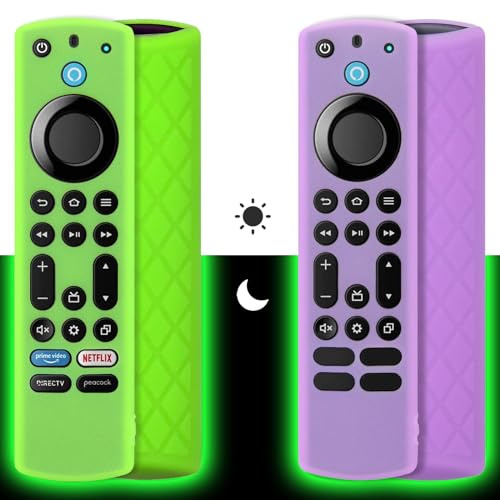 Pinowu Silikon Tasche für Fernbedienung (2pcs) Kompatibel mit Fire TV Stick 4K Max/Toshiba/Insignia Serie Alexa Stimme Fernbedienung Erweitert mit Umhängeband (grün,lila,Leuchtend) von Pinowu