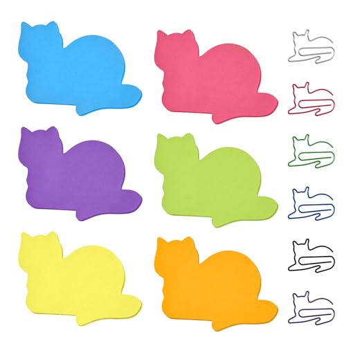 Pinsheng 6 Stück Niedliche Haftnotizen in Katze-Form Cartoon Tier Selbstklebenotizen bunte Katze Notizblöcke mit Büroklammern Niedliche Selbstklebende Notizblöcke Memoblöcke, 180 Blatt von Pinsheng