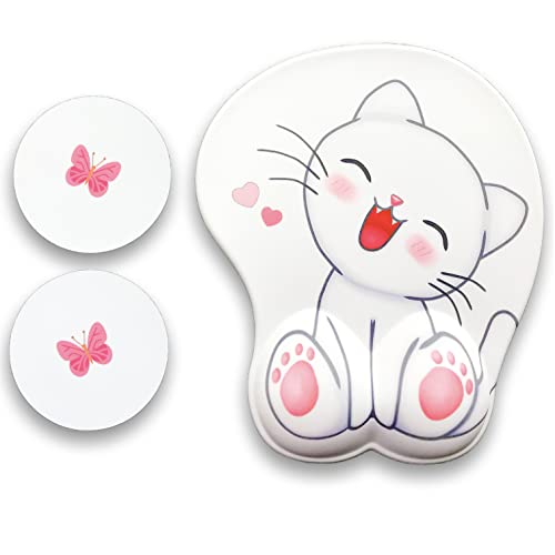 Niedliches weißes Mauspad mit ergonomischer Handgelenkauflage, rutschfestes Gel Anime Kawaii 3D Mauspads, Handgelenkpolster, Gaming, Notebook Computer Home Office (Weiße Katze) von Pinsliee