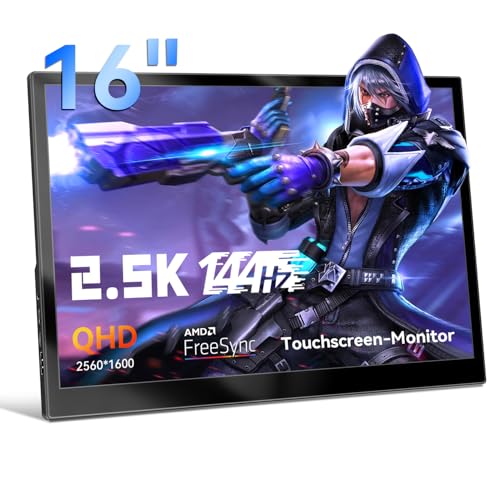 Touchscreen Portable Gaming Monitor, 16 Zoll 2K(2560x1600) Tragbarer Monitor 144Hz IPS Bildschirm, HDMI USB TypC Touchscreen Monitor für Windows PC Laptop Ras Pi PS4 PS5, Integrierte Lautsprecher von Pisichen