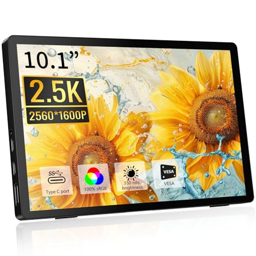 Pisichen Tragbarer Monitor 10,1 Zoll QHD 2,5K (2560 x 1600) IPS Display, HDMI USB C Small Portable Monitor für PC Laptop Xbox PS4, Integrierte Lautsprecher von Pisichen