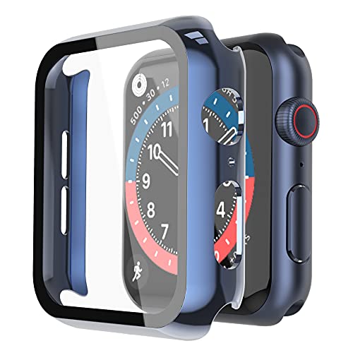 Piuellia 2 Pack Hard Case with Tempered Glass Screen Protector for Apple Watch SE Series 6 Series 5 Series 4 44mm, Ultrathin Overall PC iWatch Protective Cover, 1 Blue + 1 Transparent von Piuellia