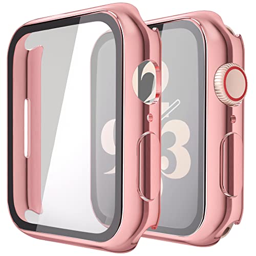 Piuellia 2 Pack Hard Case with Tempered Glass Screen Protector for Apple Watch Series 8 Series 7 41mm, Ultrathin Overall PC iWatch Protective Cover, 1 Rose Pink + 1 Transparent von Piuellia
