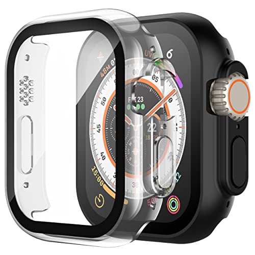 Piuellia 2 Pack Hard Case with Tempered Glass Screen Protector for Apple Watch Ultra 49mm, Ultrathin Overall PC iWatch Protective Cover, 1 Black + 1 Transparent von Piuellia