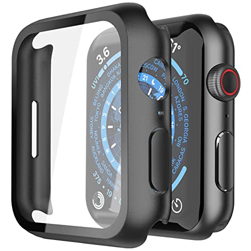Piuellia 2 Stück schwarze Hartschalenhülle mit Displayschutzfolie aus gehärtetem Glas, kompatibel mit Apple Watch Series 8 Series 7 45 mm, ultradünne stoßfeste Gesamtschutzhülle für iWatch von Piuellia