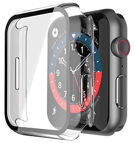 Piuellia 2 Stück transparente Hartschale mit Displayschutzfolie aus gehärtetem Glas, kompatibel mit Apple Watch Series 8 Series 7 45 mm, ultradünne stoßfeste Gesamtschutzhülle für iWatch von Piuellia