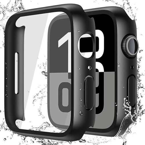 Piuellia 2er-Pack schwarze wasserdichte Displayschutzfolie mit gehärtetem Glas für Apple Watch Serie 10 (veröffentlicht im Jahr 2024) 46 mm, hartes Polycarbonat, ultradünne Anti-Fall-Schutzhülle für von Piuellia