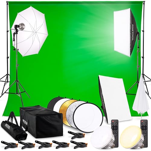PIXETOOL Fotostudio Set - Greenscreen (3 x 3 m) mit Ständer (3 x 2,6 m) - Softbox mit Lampen Set - Green Screen Fotohintergrund - Reflektor - Studiolicht Fotolampe - Streaming Fotografie Hintergrund von Pixetool