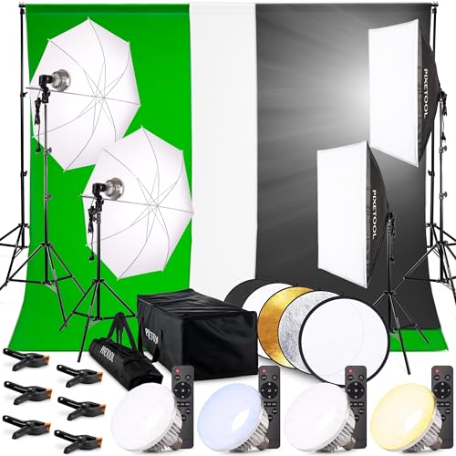 PIXETOOL Fotostudio Set - Greenscreen (3 x 3 m) mit Ständer (3 x 2,6 m) - Softbox mit Lampen Set - Green Screen Fotohintergrund - Reflektor - Studiolicht Fotolampe - Streaming Fotografie Hintergrund von Pixetool