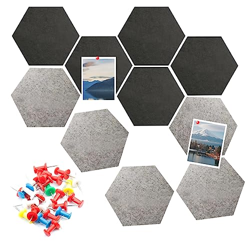 Pizsieat 10 Stück Pinnwand Filz Selbstklebend Hexagon Bulletin Board mit 30 Reißzwecken,Sechseckig Filztafel für Kinderzimmer Klassenzimmer Büro und Arbeitszimmer(Schwarz, Grau) von Pizsieat