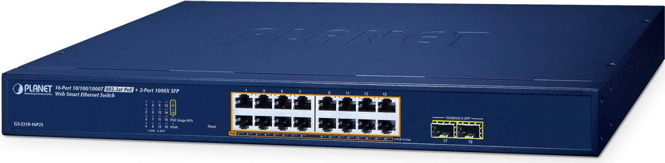 PLANET 16-Port 10/100/1000T 802.3at PoE + 2-Port 1000X SFP Web Smart Ethernet Switch (240W PoE Budget - 802.1Q VLAN - Link Aggregation - IGMP Managed L2 Gigabit Ethernet (10/100/1000) Power over Ethernet (PoE) Blau (GS-2210-16P2S) von Planet