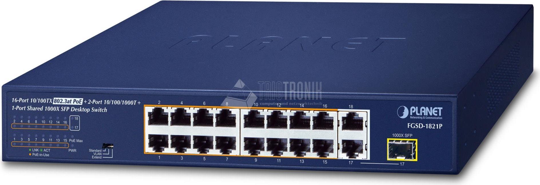 PLANET 16-Port 10/100TX 802.3at PoE Unmanaged Fast Ethernet (10/100) Power over Ethernet (PoE) 1U Blau (FGSD-1821P) von Planet