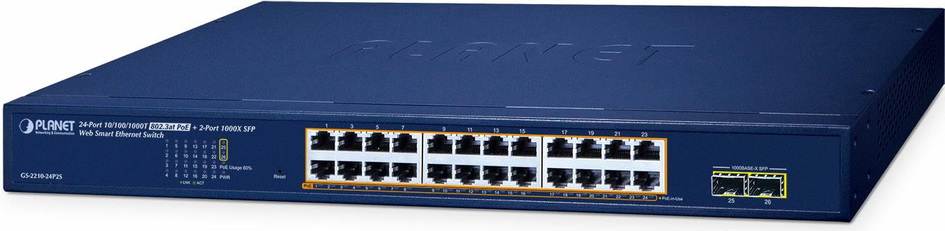 PLANET 24-Port 10/100/1000T 802.3at PoE + 2-Port 1000X SFP Web Smart Ethernet Switch (260W PoE Budget - 802.1Q VLAN - Link Aggregation - IGMP Managed L2 Gigabit Ethernet (10/100/1000) Power over Ethernet (PoE) Blau (GS-2210-24P2S) von Planet