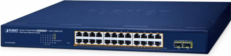 PLANET 24-Port 10/100/1000T 802.3at PoE + 2-Port 1000X SFP Web Smart Ethernet Switch (260W PoE Budget - 802.1Q VLAN - Link Aggregation - IGMP Managed L2 Gigabit Ethernet (10/100/1000) Power over Ethernet (PoE) Blau (GS-2210-24P2S) von Planet
