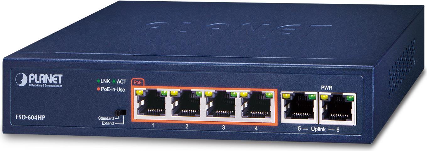 PLANET 4-Port 10/100TX 802.3at POE + Unmanaged Fast Ethernet (10/100) Power over Ethernet (PoE) Blau (FSD-604HP-SD) von Planet