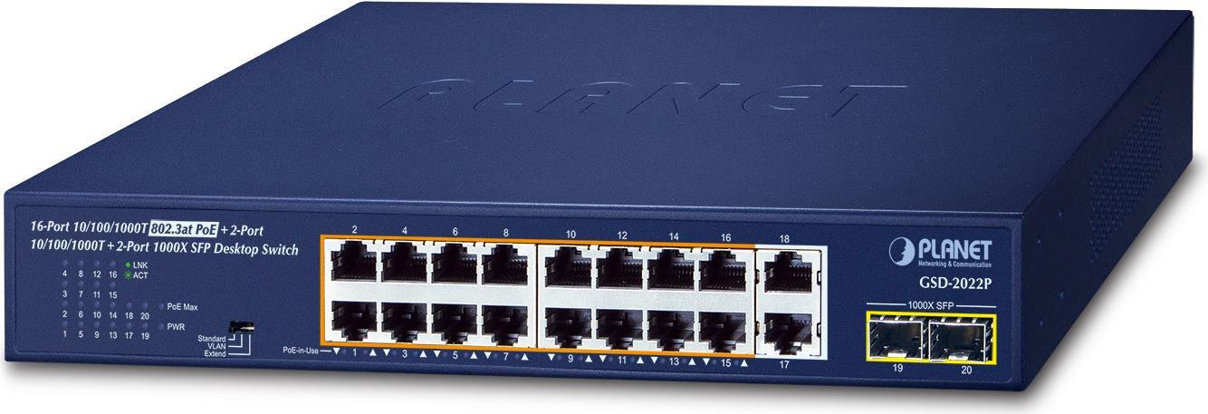 PLANET GSD-2022P - Switch - unmanaged - 16 x 10/100/1000 (PoE+) + 2 x 10/100/1000 + 2 x 1000Base-X SFP - Desktop - PoE+ (185 W) (GSD-2022P) von Planet