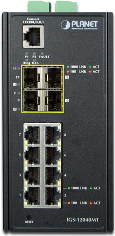PLANET IGS-12040MT - Switch - verwaltet - 8 x 10/100/1000 + 4 x Gigabit SFP - an DIN-Schiene montierbar, wandmontierbar - AC 24 V / DC 12 -72 V (IGS-12040MT) von Planet