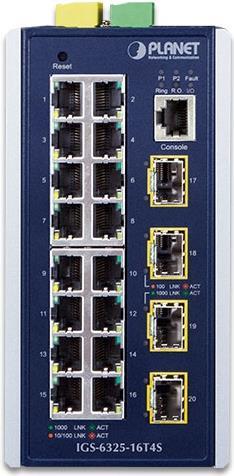 PLANET IGS-6325-16T4S - Switch - L3 - managed - 16 x 10/100/1000 + 4 x Gigabit SFP - an DIN-Schiene montierbar, wandmontierbar - AC 24 V / DC 9 - 48 V (IGS-6325-16T4S) von Planet