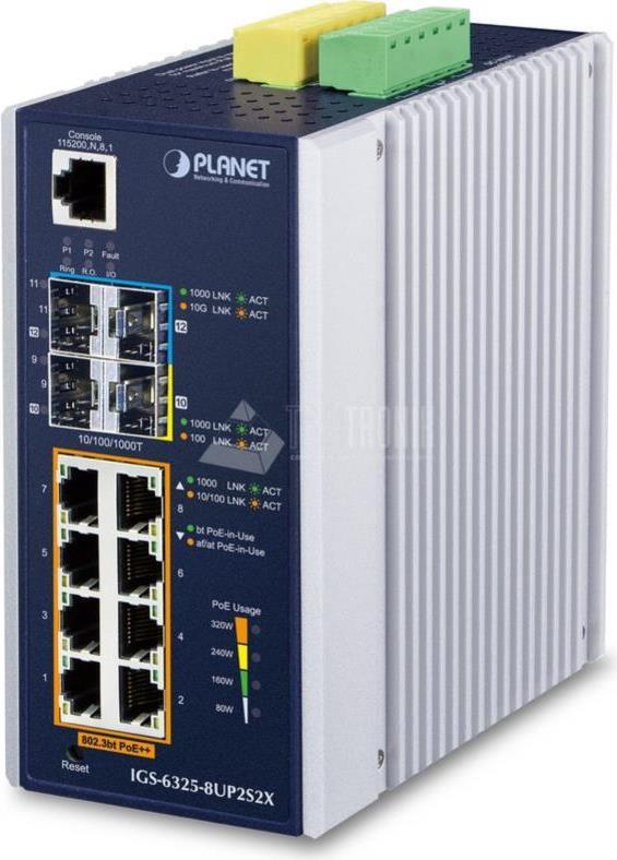 PLANET IP30 DIN-rail Industrial L3 8P Managed Gigabit Ethernet (10/100/1000) Aluminium - Blau (IGS-6325-8UP2S2X) von Planet