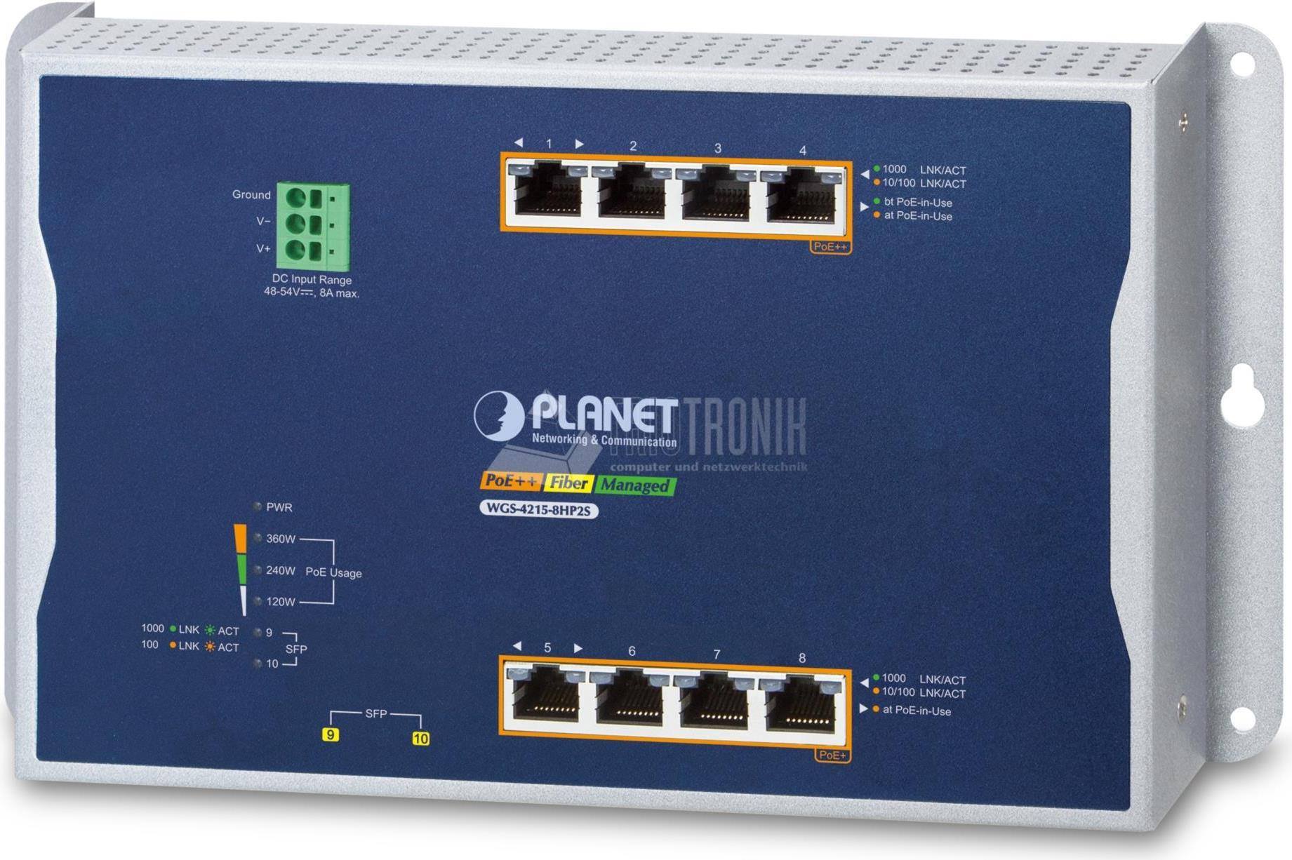 PLANET IP30 - IPv6/IPv4 - 4-Port Managed L2/L2+ Gigabit Ethernet (10/100/1000) Power over Ethernet (PoE) Blau - Grau (WGS-4215-8HP2S) von Planet