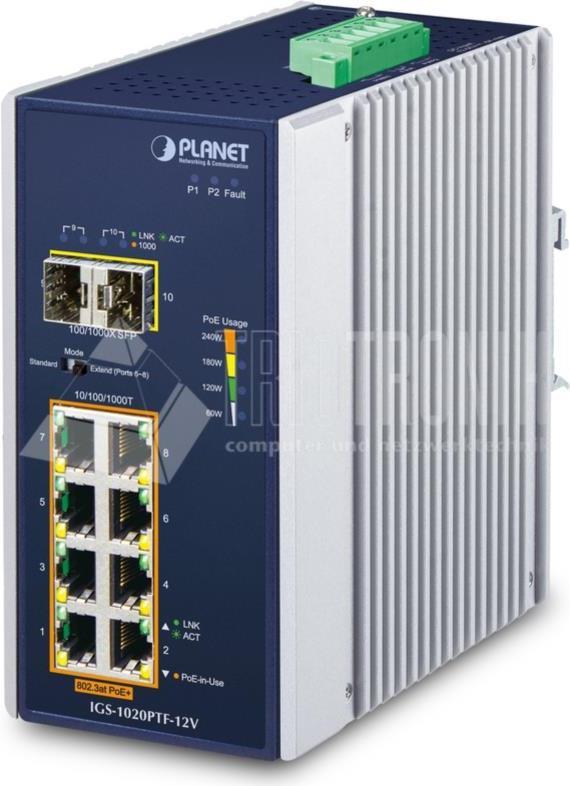 PLANET IP30 Ind 8-P 10/100/1000T - -40 - 75 °C - -40 - 85 °C - 77 mm - 106 mm - 152 mm - 1,16 kg (IGS-1020PTF-12V) von Planet