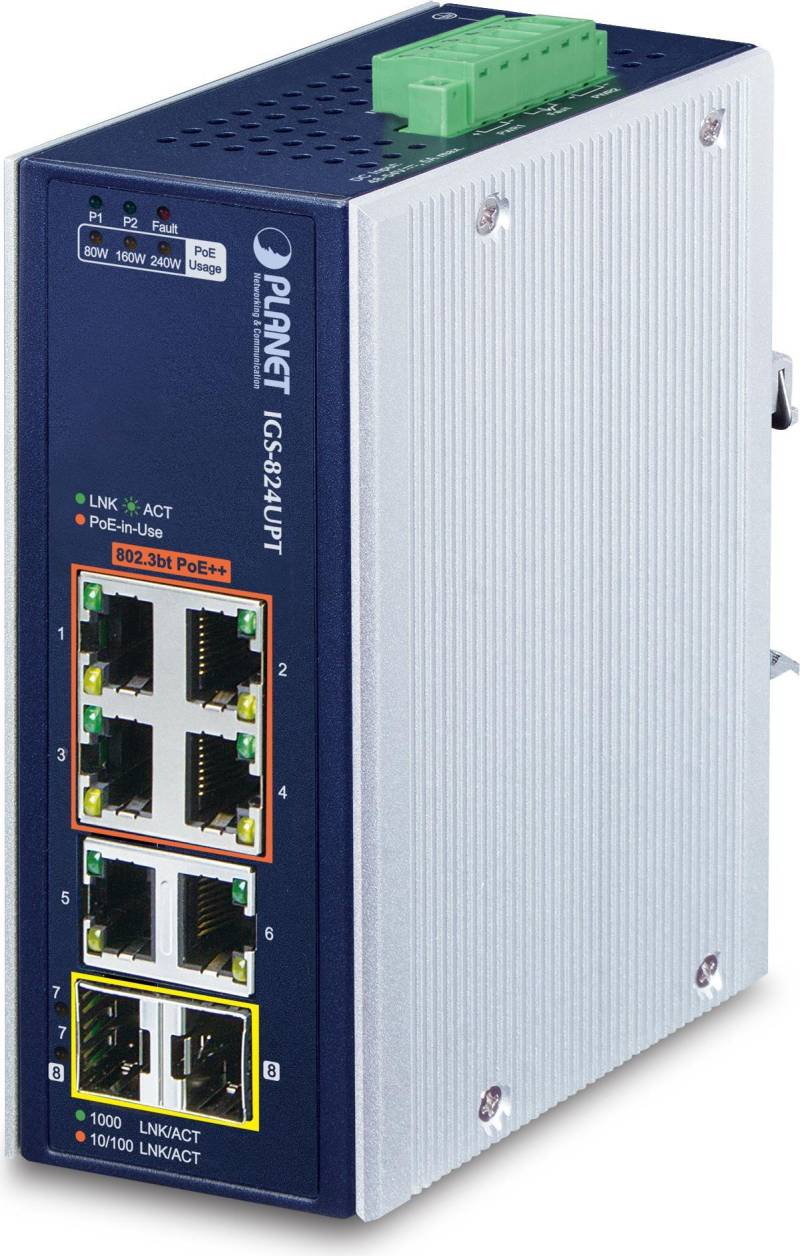 PLANET IP30 Industrial 4-Port Power over Ethernet (PoE) Blau - Weiß (IGS-824UPT) von Planet