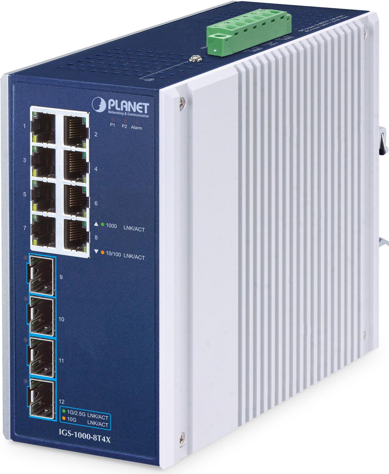 PLANET IP30 Industrial 8-Port Unmanaged Gigabit Ethernet (10/100/1000) Aluminium - Blau (IGS-1000-8T4X) von Planet