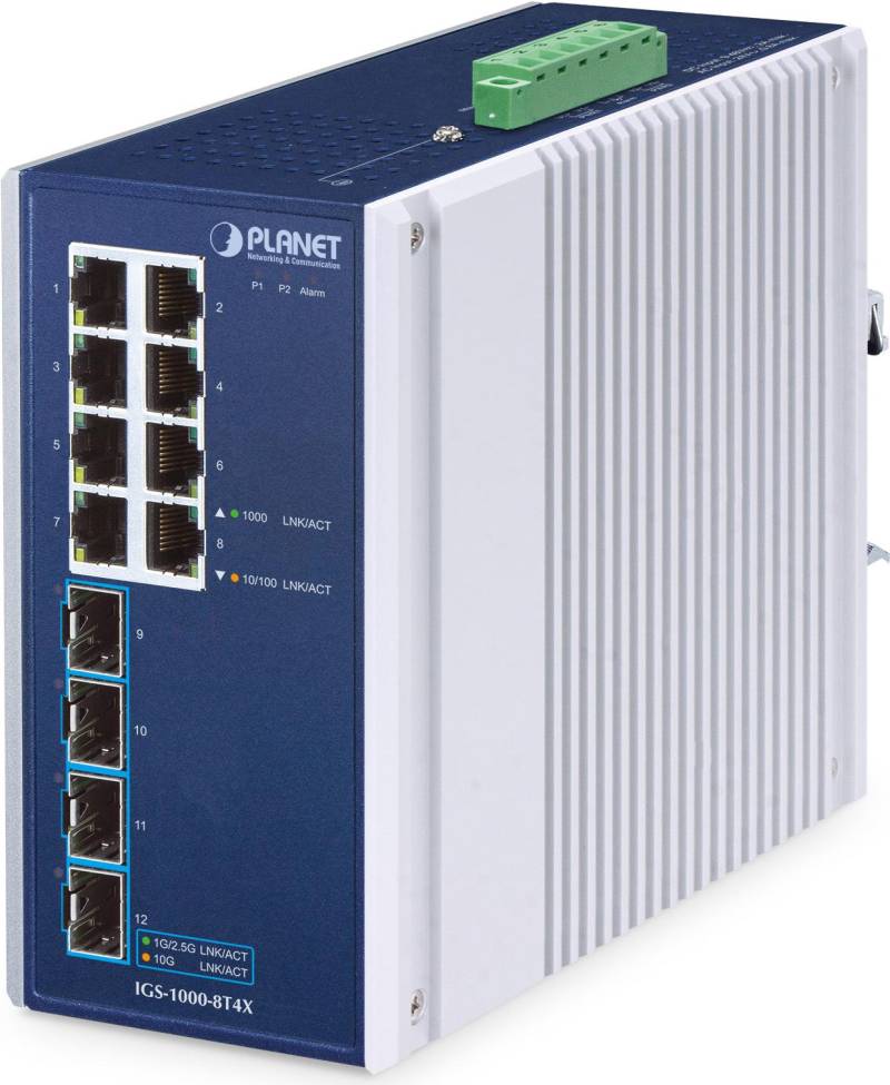 PLANET IP30 Industrial 8-Port Unmanaged Gigabit Ethernet (10/100/1000) Aluminium - Blau (IGS-1000-8T4X) von Planet