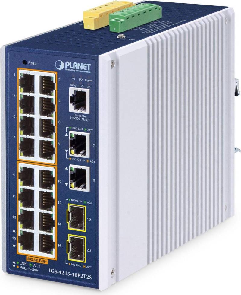 PLANET IP30 Industrial L2/L4 16-Port Managed L2/L4 Gigabit Ethernet (10/100/1000) Power over Ethernet (PoE) Aluminium - Blau (IGS-4215-16P2T2S) von Planet