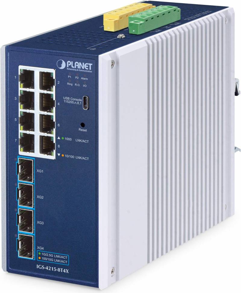 PLANET IP30 Industrial L2/L4 8-Port Managed L2/L4 Gigabit Ethernet (10/100/1000) Aluminium - Blau (IGS-4215-8T4X) von Planet