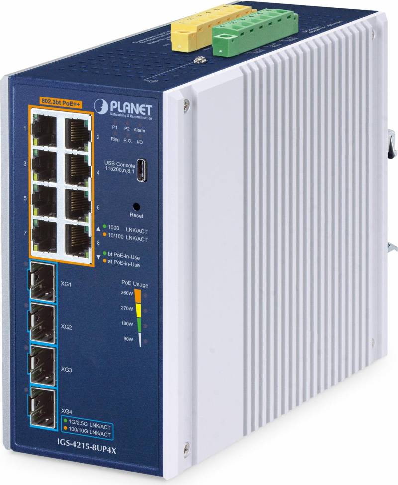 PLANET IP30 Industrial L2/L4 8-Port Managed L2/L4 Gigabit Ethernet (10/100/1000) Aluminium - Blau (IGS-4215-8UP4X) von Planet