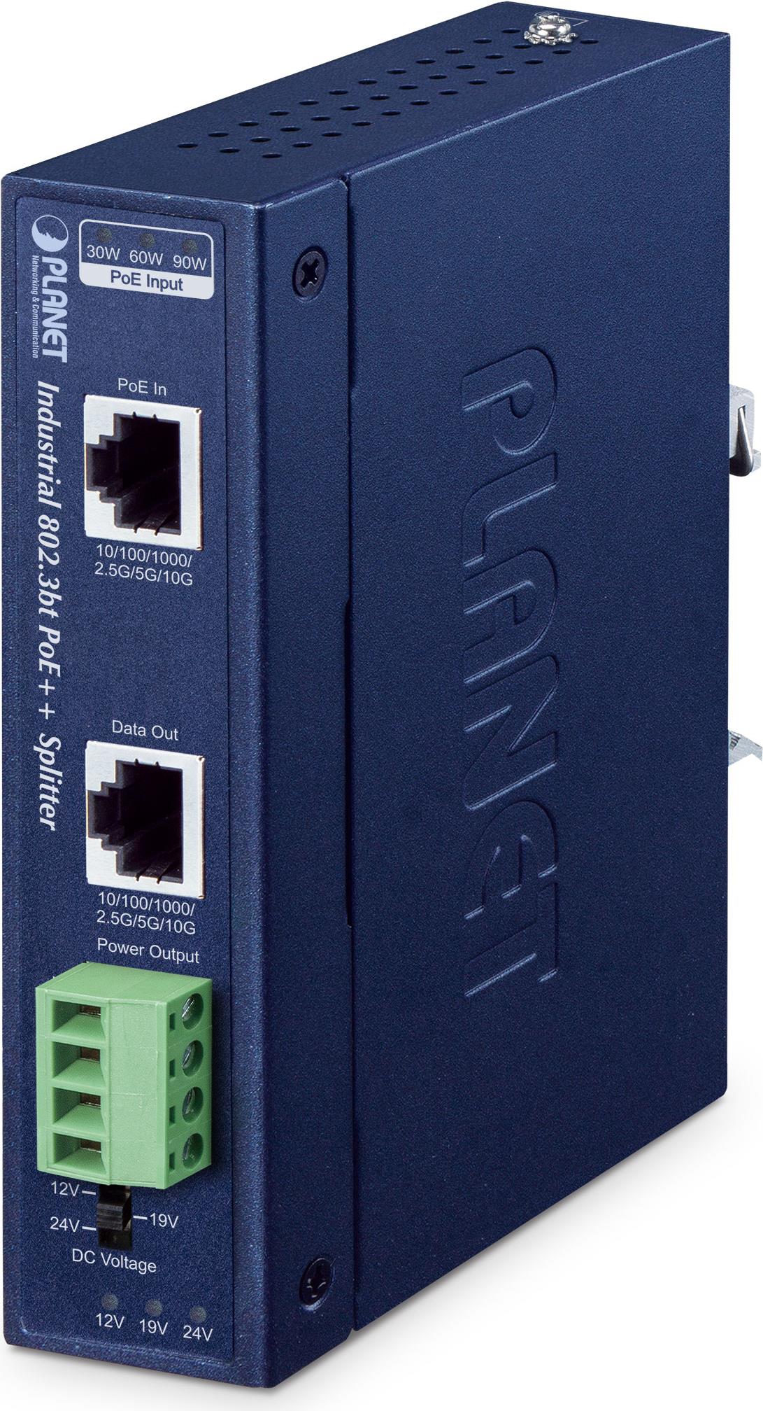 PLANET IP30 Industrial Single-Port 10Gbps 802.3bt PoE++ Splitter - Blau - Metall - PoE - Leistung - 24 V - FCC Part 15 Class A - CE - -40 - 75 °C (IPOE-176S) von Planet