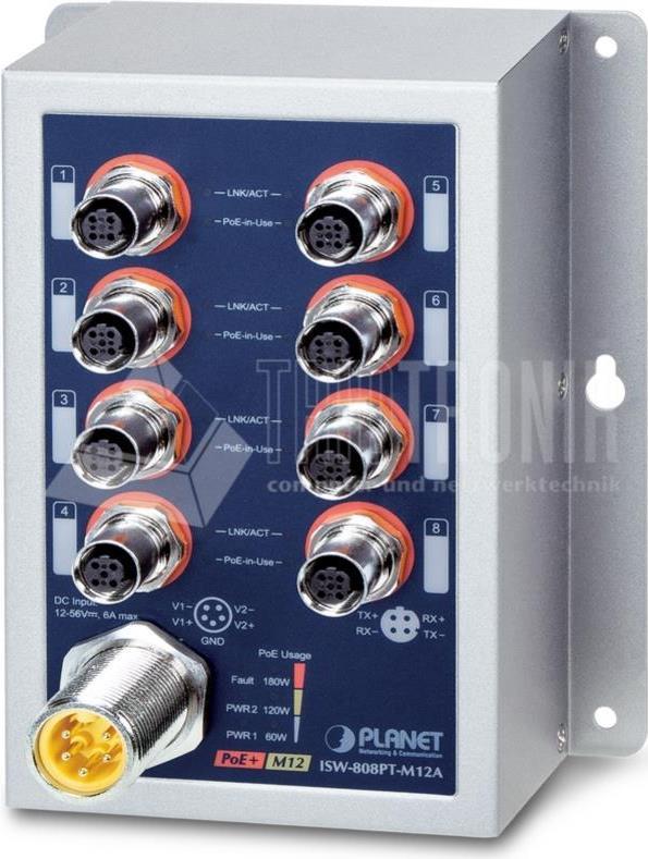 PLANET IP50 Ind 8-P 10/100TX M12 Unmanaged Power over Ethernet (PoE) Grau (ISW-808PT-M12A) von Planet