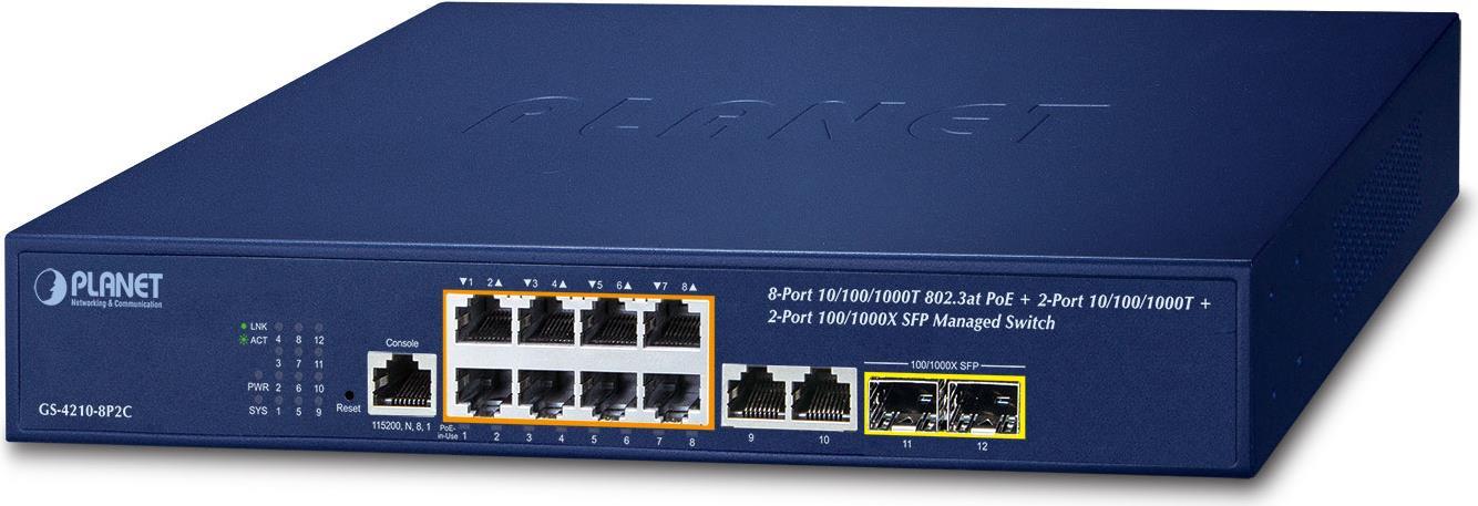 PLANET IPv4/IPv6 - 8-Port Managed L2/L4 Gigabit Ethernet (10/100/1000) Power over Ethernet (PoE) 1U Blau (GS-4210-8P2C) von Planet