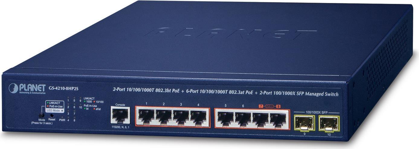 PLANET IPv6/IPv4 - 2-Port - 280 W - 0 - 50 °C - -20 - 70 °C - 280 mm - 229 mm - 44 mm (GS-4210-8HP2S) von Planet