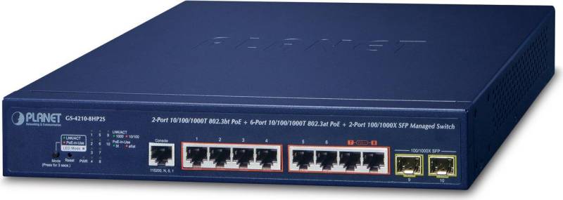 PLANET IPv6/IPv4 - 2-Port - 280 W - 0 - 50 °C - -20 - 70 °C - 280 mm - 229 mm - 44 mm (GS-4210-8HP2S) von Planet