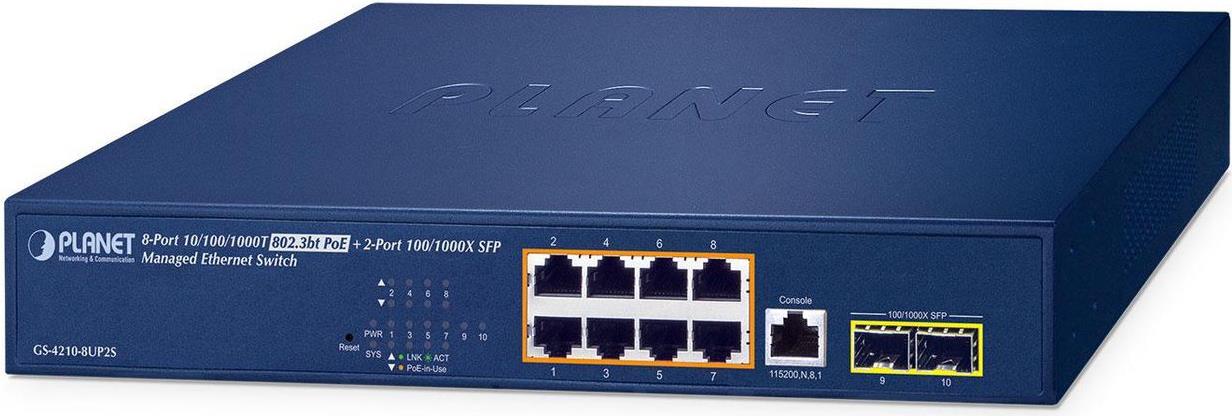 PLANET IPv6/IPv4 - 8-Port Managed L2/L4 Gigabit Ethernet (10/100/1000) Power over Ethernet (PoE) 1U Blau (GS-4210-8UP2S) von Planet