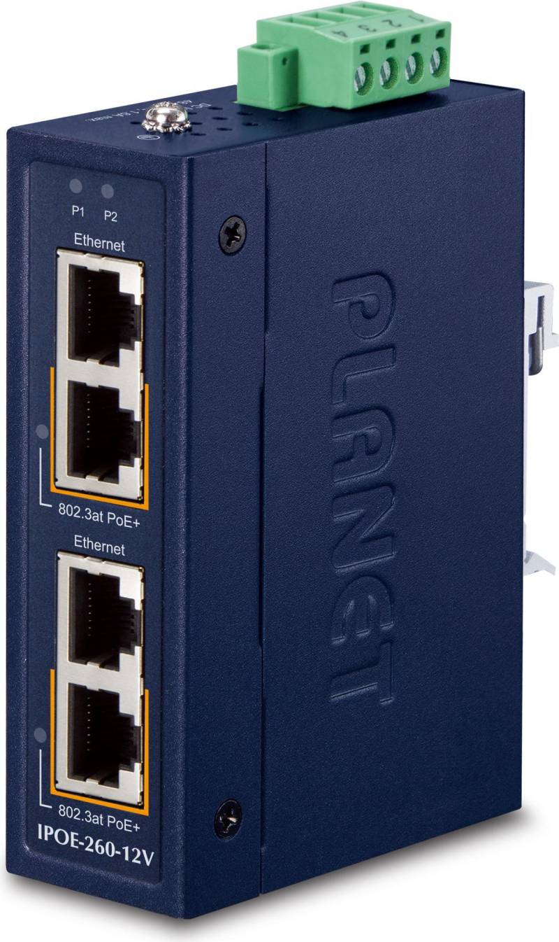 PLANET Industrial 2-port 10/100/1000T Gigabit Ethernet (10/100/1000) Power over Ethernet (PoE) Blau (IPOE-260-12V) von Planet