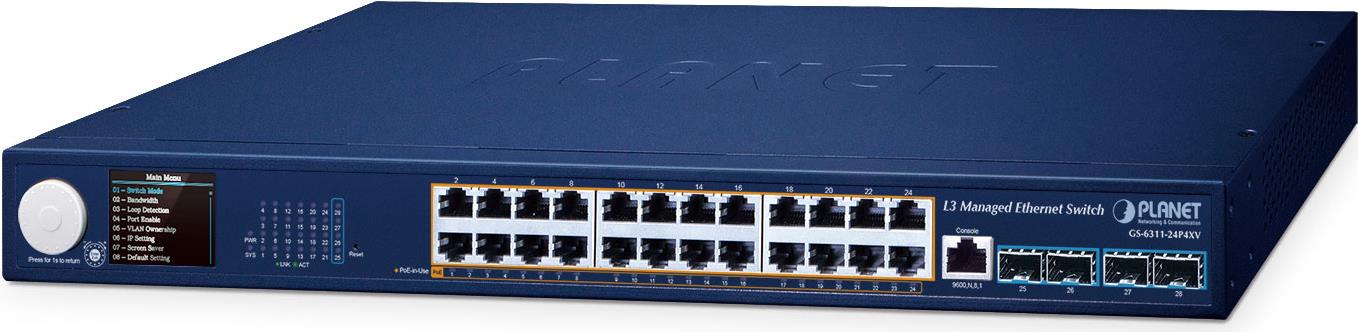 PLANET Layer 3 24-Port 10/100/1000T Managed L3 Gigabit Ethernet (10/100/1000) Power over Ethernet (PoE) Blau (GS-6311-24P4XV) von Planet