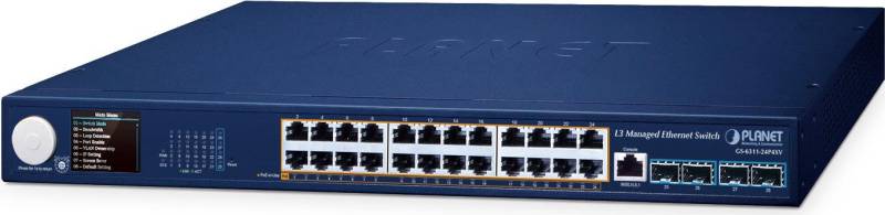 PLANET Layer 3 24-Port 10/100/1000T Managed L3 Gigabit Ethernet (10/100/1000) Power over Ethernet (PoE) Blau (GS-6311-24P4XV) von Planet