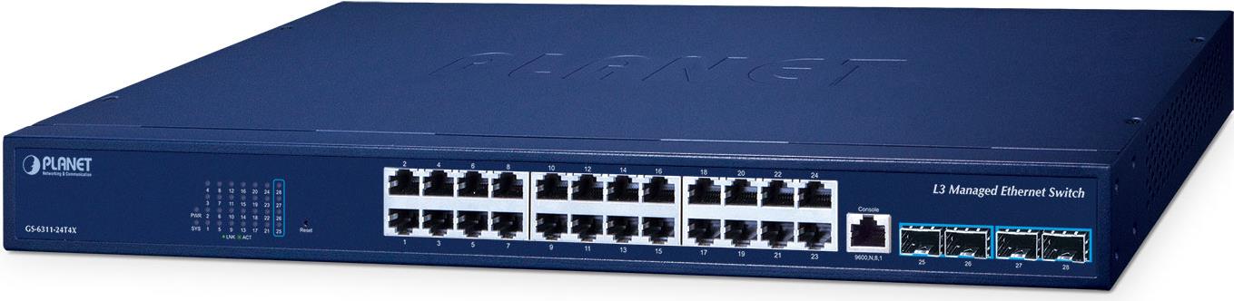 PLANET Layer 3 24-Port 10/100/1000T Managed L3 Gigabit Ethernet (10/100/1000) Power over Ethernet (PoE) Blau (GS-6311-24T4X) von Planet