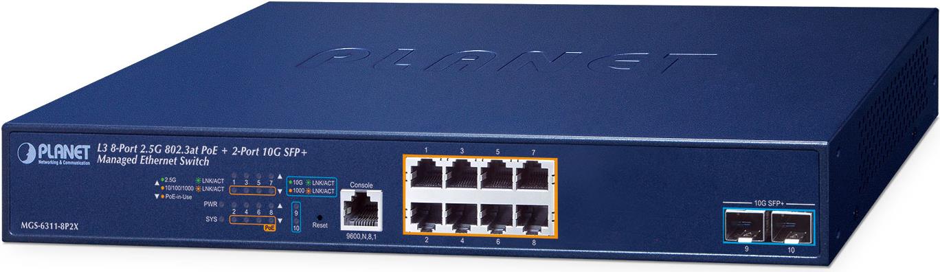PLANET Layer 3 - 8-Port 2.5GBASE-T Managed L3 2.5G Ethernet (100/1000/2500) Power over Ethernet (PoE) 1U Blau (MGS-6311-8P2X) von Planet