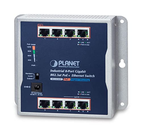 Planet IP30 Industrial 8-Port 10/100/1000T 802.3at PoE+, W125745016 (10/100/1000T 802.3at PoE+ Wall-Mount Gigabit Switch (120W PoE Budget, Standard/VLAN/Extend Mode,) von Planet