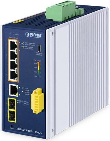 Planet Industrial L2+ 4-Port 10/100/1000T 802.3bt PoE+ - Switch - 0,1 Gbps (IGS-5225-4UP1T2S-12V) von Planet