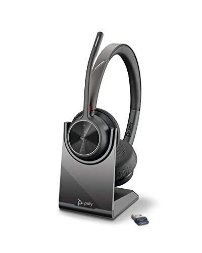 Poly Voyager 4320 UC schnurloses Headset + Ladestation (Plantronics) – Stereo-Kopfhörer, Noise Cancelling-Mikrofon, lange Akkulaufzeit, Bluetooth-Verbindung mit PC/Mac/Mobiltelefon, Teams-zertifiziert von Plantronics