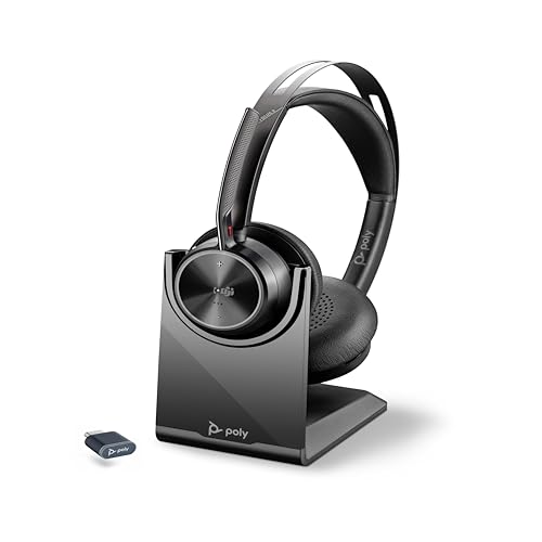 Poly Voyager Focus 2 UC schnurloses Headset mit Mikrofon & Ladestation – Active Noise Cancelling (ANC) – Verbindung mit PC/Mac/Mobiltelefon über Bluetooth – Kompatibel mit Teams (zertifiziert), Zoom von Plantronics