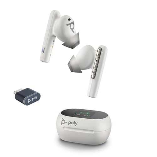 Poly Voyager Free 60+ UC In-Ear-Headset – Noise Cancelling-Mikrofone für klare Gespräche – ANC – Touchscreen-Ladecase – Funktioniert mit iPhone, Android, PC/Mac – Teams-zertifiziert – Weiß von Plantronics